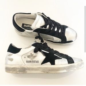 Golden Goose Superstar Lace Up Silver & Black Distressed Sneakers Size 36, US 6